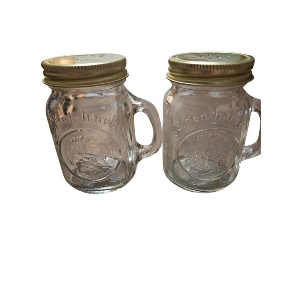 Set Of 2 Golden Harvest Glass Mason Jar Salt & Pepper Shakers With Handles & Gol